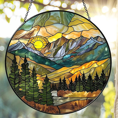 Mountain Range Sun Catcher Stained Glass Window Hanging for Women Wall DecorHandmade Sun Catcher Decoration for Garden Home Housewarming Gifts, 7.87inch