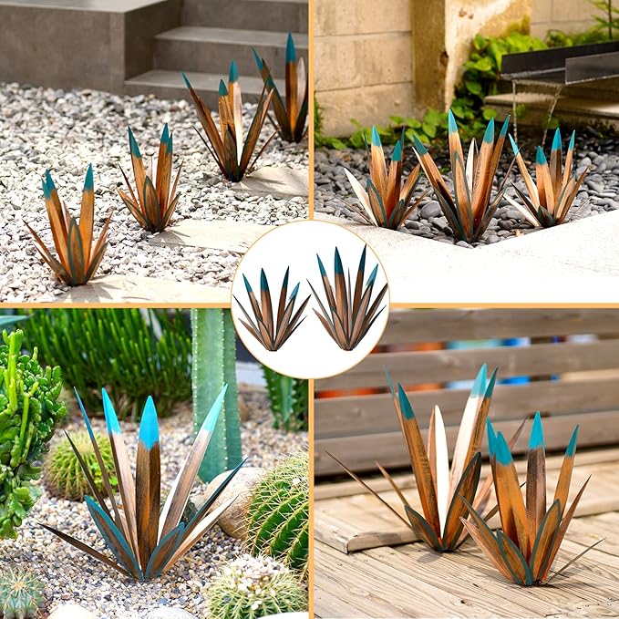 Tequila Rustic Sculpture, 2 Pack DIY Rustic Hand Painted Metal Agave Plant Home Decor, Yard Sculpture Statue, Garden Ornaments Outdoor Decor (Large)