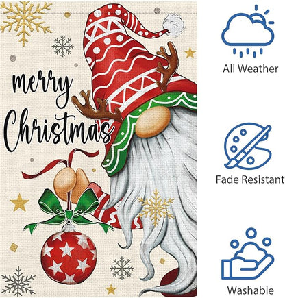 Heyfibro Merry Christmas Gnome Garden Flag 12x18 Double Sided Burlap, Christmas Ball Snowflake Garden Yard Flags for Winter Holiday Xmas Yard Outdoor Decoration(ONLY FLAG)