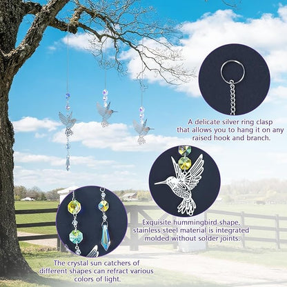 Hummingbird Crystal Sun Catchers 3-Pack, with Metal Bird Decorations, Suitable for Window Decoration, a Gift for Ladies, and for Outdoor Courtyard and Garden Decoration as Well as Home Decoration.