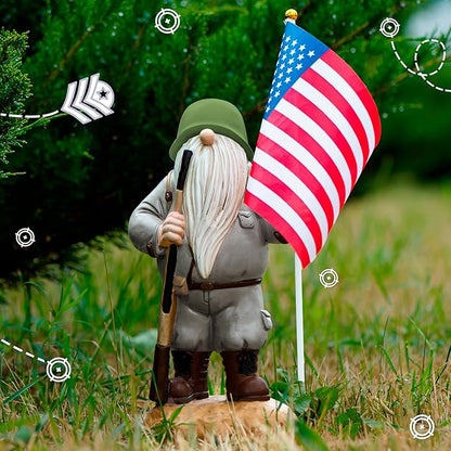 Patriotic Solar Garden Gnome with American Flag, 11" Resin Armed Garden Gnomes Outdoor Statue, Military Yard Gnome Decor, Gift for 4th of July, Memorial Day, Veterans Day