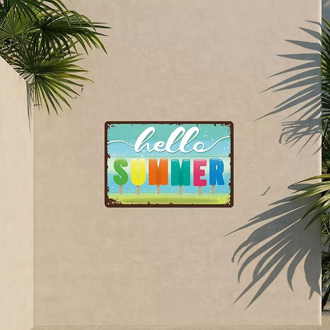 Hello Summer Door Sign Farmhouse Summer Decor Vintage Metal Sign for Home Wall Front Door Decorations 8x12 Inches