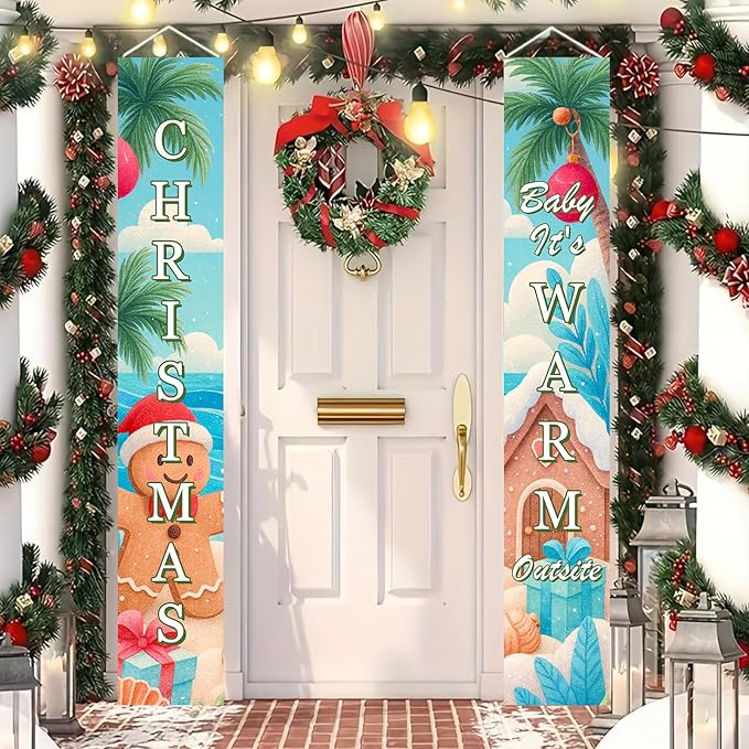 BlissYard Tropical Christmas Porch Banners 12x71 Inch Merry Christmas Door Banner Beach Gingerbread Man House Poinsettia Decor Xmas Welcome Hanging Signs Warm Weather Holiday Home Decor for Front Door Party Outdoor Decoration