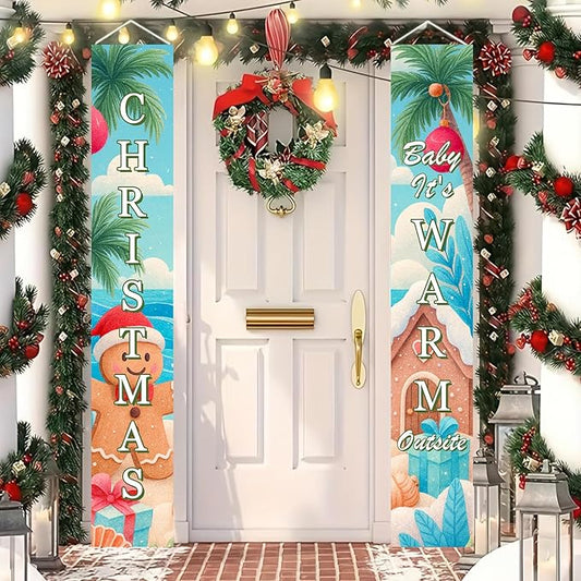BlissYard Tropical Christmas Porch Banners 12x71 Inch Merry Christmas Door Banner Beach Gingerbread Man House Poinsettia Decor Xmas Welcome Hanging Signs Warm Weather Holiday Home Decor for Front Door Party Outdoor Decoration