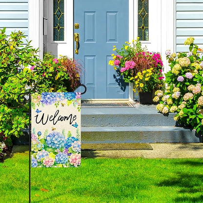 Nanafast Hydrangea Spring Garden Flag Double Sided 12x18 Inch Welcome Floral Garden Flags for Outside Yard Decoration