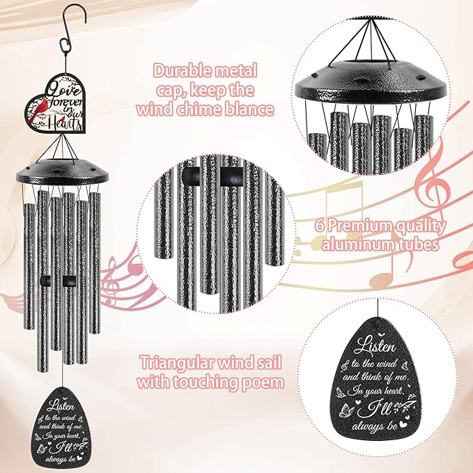 Memorial Wind Chimes for Loss of Loved One, Cardinal Sympathy Windchimes for Outside, Bereavement Gifts Wind Chime for Garden Patio Porch Decor, Sympathy Gift in Memory of a Loved One