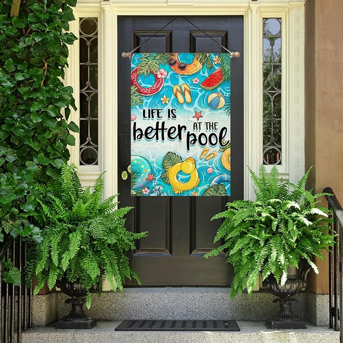Summer House Flags for Outdoor Decoration, LIFE IS BETTER AT THE POOL Large Yard Flag, Seasonal Decorative Celebration Decor for Spring Farmhouse Holiday Outside 28x40 Inch Vertical Double Sided