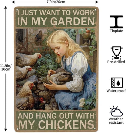 JOCASA Vintage Girl Chicken Metal Tin Sign Farm Chicken Sign I Just Want To Work In My Garden And Hang Out With My Chickens Poster Wall Decor-Retro Chicken Coop Signs Chicken Signs For Coop,12''X 8''