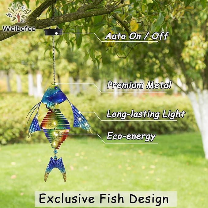 Fish Solar Outdoor Lights Hanging Lanterns Metal Decorative Lights for Backyard Porch Patio Yard Balcony Teepee Lawn Pathway…