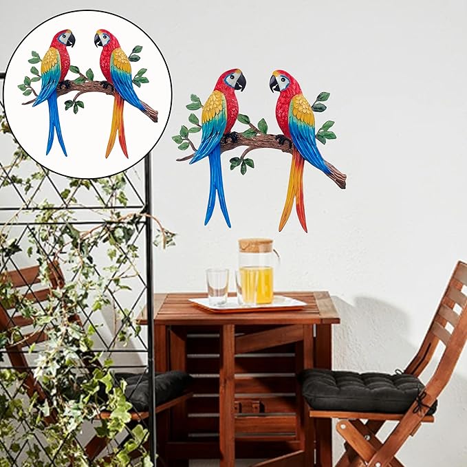 Limygus Metal Tropical Two Parrot Wall Art, Colorful Macaw Birds on Branch, Indoor Outdoor Garden Decor, Hand-Painted Hanging Decoration for Patio, Fence, Living Room, Bedroom, Balcony
