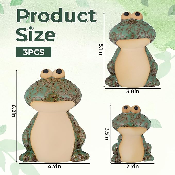 Garden Frog Decor Set of 3 Outside Ceramic Frog Statues Cute Yard Decoration Funny Holiday Ornament for Patio Backyard Pond Pool Front Porch Mom Grandma Family Friend