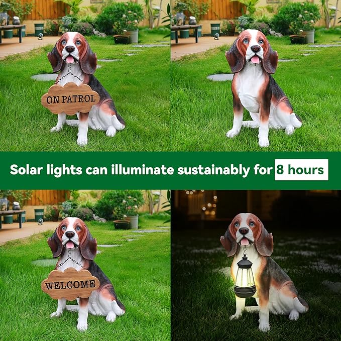 Beagle Dog Garden Statue with Solar Lantern, 16.9" Large Outdoor Animal Figurine with Double-Sided Welcome & On Patrol Sign, Yard Patio Porch Lawn Decor, Pet Lover Housewarming Gift
