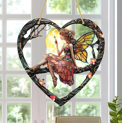 1PC Flower Fairy Acrylic Stained Glass Suncatcher Nature Heart-Shaped Magic and Butterfly Girls Suncatcher Hanging Decoration with Cord SunCatchers for Window Decor Outdoor Garden Decor Gift (red)
