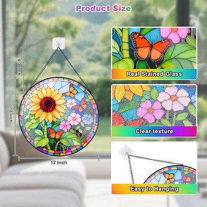 Sunflower Stained Glass Window Hanging Suncatcher – Round Floral Glass Panel for Window, Garden, Wall Decor – Sunflower Gift Suitable for Birthdays and Mother's Day (12 Inch)