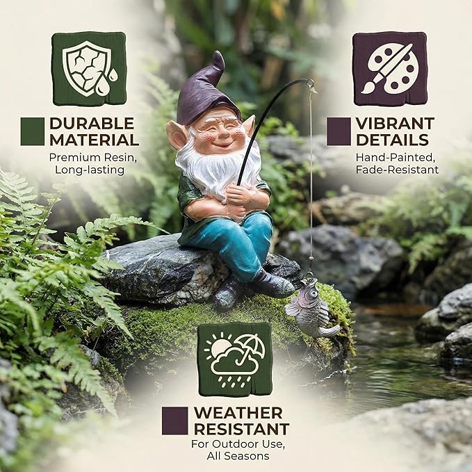 Garden Gnomes Outdoor Statue, Gnome Decorations for Yard 9.7'' Fishing Gnome Statue Outdoor Garden Decor, Fishing Guy for Waterfalls or Koi Pond Decor, Gifts for Women, Mom or Birthdays