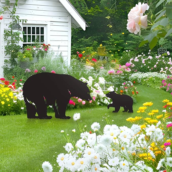 2PCS Black Animal Metal Garden Stakes, Decorative Gifts for Animal Lovers, Women & Men, Black Bear Silhouette Statues for Yard Art, Patio, Lawn, Garden Decorations (Bear)