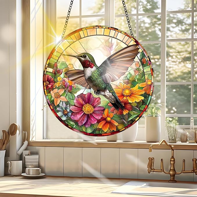VAIIEYO Hummingbird Sun Catcher Stained Glass Window Hanging Ornament, Handmade Sun Catcher Animal Decoration with Hooks for Window Garden Home, Mother's Day & Birthday Housewarming Gift (7.8 inch)