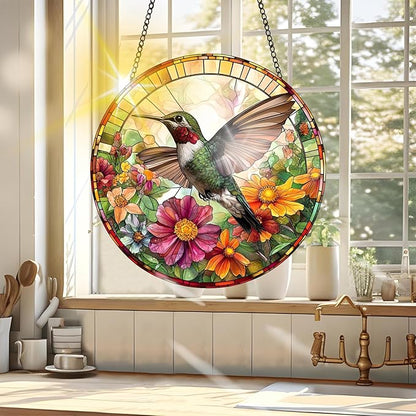 VAIIEYO Hummingbird Sun Catcher Stained Glass Window Hanging Ornament, Handmade Sun Catcher Animal Decoration with Hooks for Window Garden Home, Mother's Day & Birthday Housewarming Gift (7.8 inch)