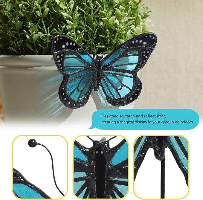 Lolitarcrafts Stained Glass Butterfly Suncatcher-Monarch or Luna Moth Design for Indoor and Outdoor Plant Decoration,Colorful Glass Plant Pot Ornament, Plant Lovers Gifts (Blue Monarch)