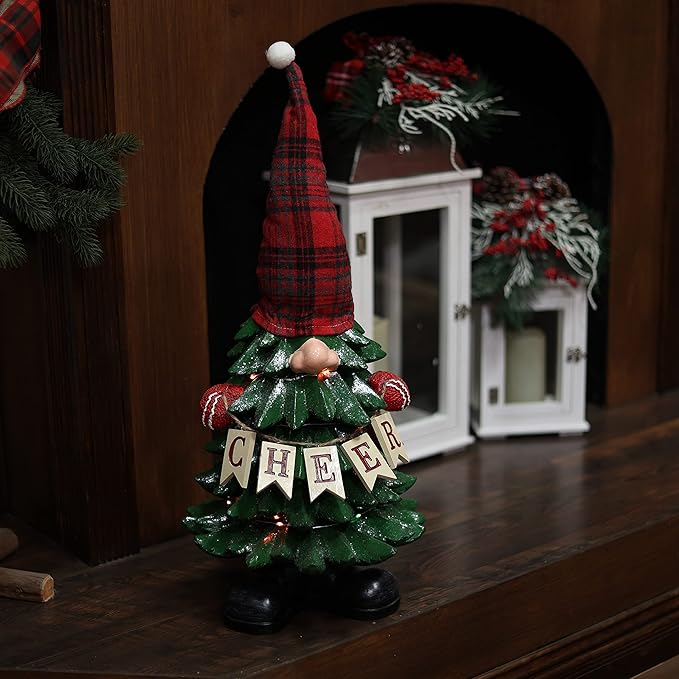 Alpine Corporation 28" Tall Christmas Tree Cheer Gnome Holiday Decoration with 20 Color-Changing LED Lights, Indoor/Outdoor Festive Accent for Porch, Lawn, or Entryway