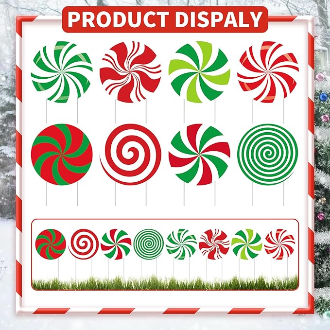 8-Piece Christmas Candy Yard Signs with Stakes Decorations – 8 Assorted Peppermint and Lollipop Designs 12.6 x 12.6 Inches Large Round Candy Signs for Outdoor Garden and Lawn Holiday Party Favor