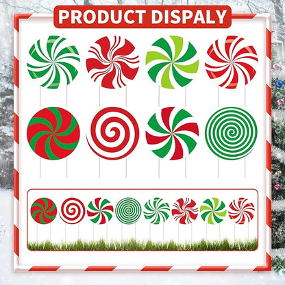8-Piece Christmas Candy Yard Signs with Stakes Decorations – 8 Assorted Peppermint and Lollipop Designs 12.6 x 12.6 Inches Large Round Candy Signs for Outdoor Garden and Lawn Holiday Party Favor