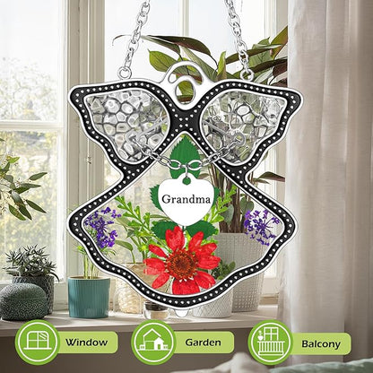 KY&BOSAM Grandma Angel Suncatcher Stained Glass Suncatchers for Windows Hanging Wind Chime with Pressed Dried Flower and Metal Trim Charm Birthdays Gifts for Grandma Mothers Day Valentines Christmas