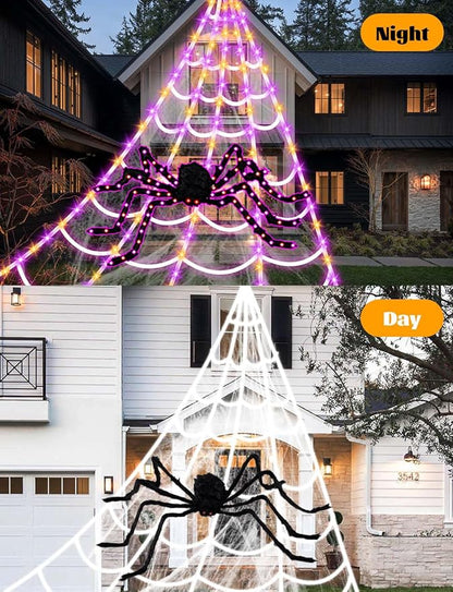 LCHUANG Spider Webs Halloween Decorations Lights - 250 LEDs Outdoor Halloween String Lights with 60" Light Up Spider,8 Modes Remote Control 16.4Ft Spiderweb,Waterproof (Orange+Purple)