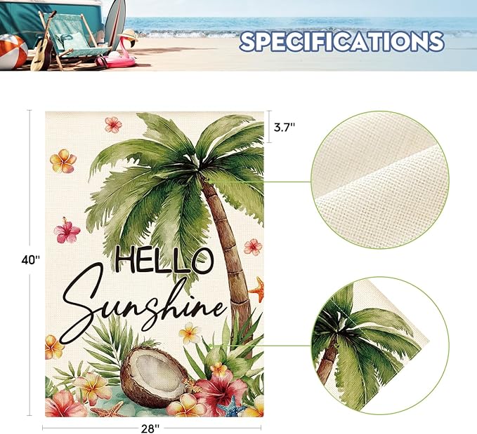 AVOIN colorlife Summer Tropical Palm Tree House Flag 28x40 Inch Double Sided Outside, Hello Sunshine Seasonal Burlap Yard Outdoor Decoration