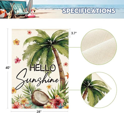 AVOIN colorlife Summer Tropical Palm Tree House Flag 28x40 Inch Double Sided Outside, Hello Sunshine Seasonal Burlap Yard Outdoor Decoration