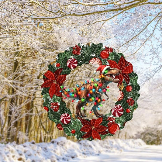 Dinosaur Metal Wind Spinner 3D Hanging Christmas Hat Wind Spinners Decor Christmas Dinosaur Metal Wind Sculptures for New Year Gift Party Yard Garden Outdoor Indoor Decor