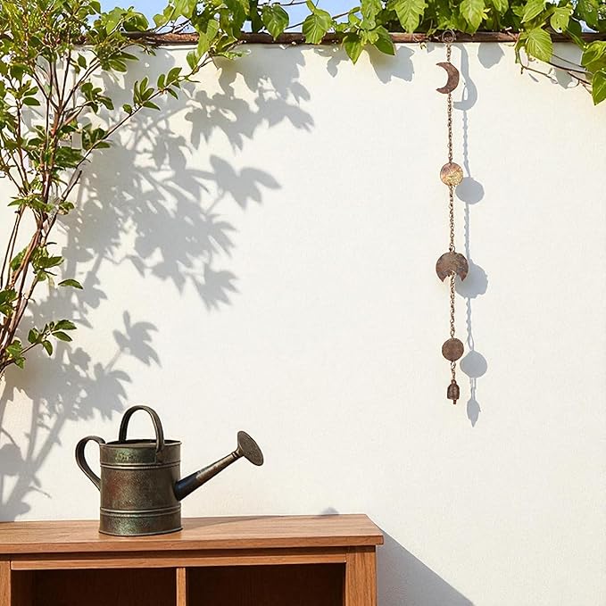 Moon Phase Hanging with Rustic Bell – 30 Inch Hammered Metal Wind Chime for Bedroom, Dorm, or Living Room – Boho Gold Celestial Decor for Cottagecore, Astrology Lovers, and Lunar-Inspired Spaces