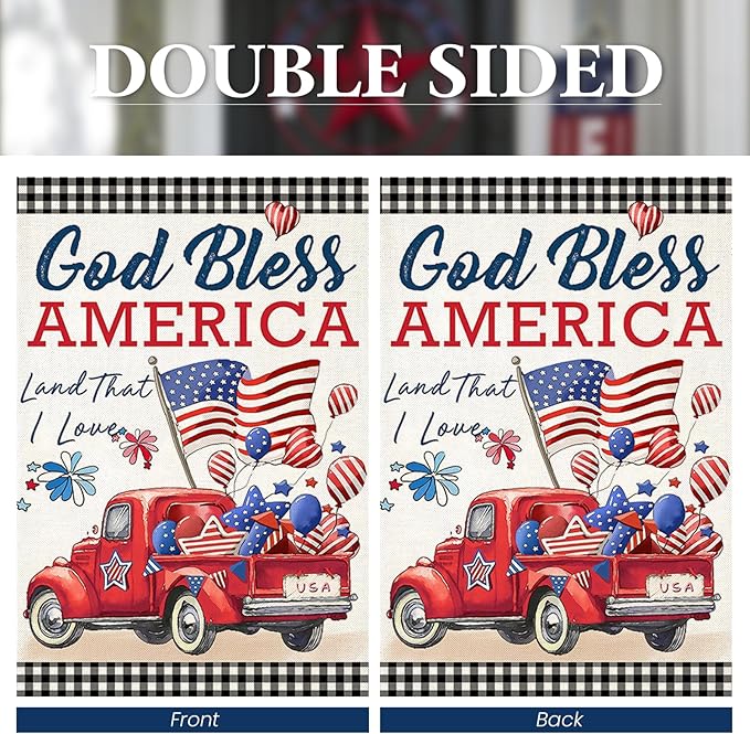 4th of July Garden Flags for Outside,Patriotic American Truck with Buffalo Plaid Small Yard Flags for Outdoor, Memorial Day Decorations for Holiday Summer 250th USA Anniversary 12x18 Inch Double Sided