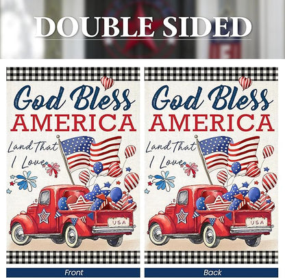 4th of July House Flags for Outdoor,Patriotic American Truck with Buffalo Plaid Yard Flags for Outside,Memorial Decorative Flag for 250th USA Anniversary Holiday Decoration 28x40 Inch Double Sided