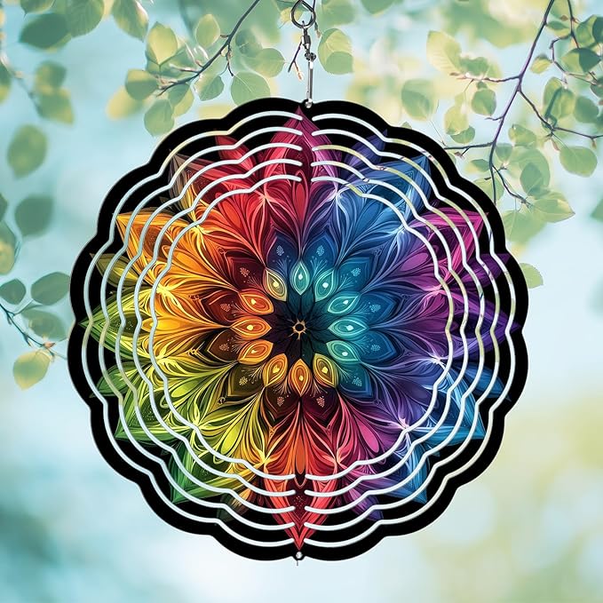 Wind Spinners Outdoor, Hanging Wind Spinner for Garden Decoration, 8 inch 3D Stainless Steel Metal Wind Sculpture for Indoor/Outdoor Decor, Mandala D