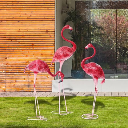 3 Pack Flamingo Ornament,Flamingo Garden Statues and Sculptures,Metal Birds Yard Art Outdoor Statue, Red Pink Flamingo Lawn Ornaments for Home, Patio, Backyard Decor