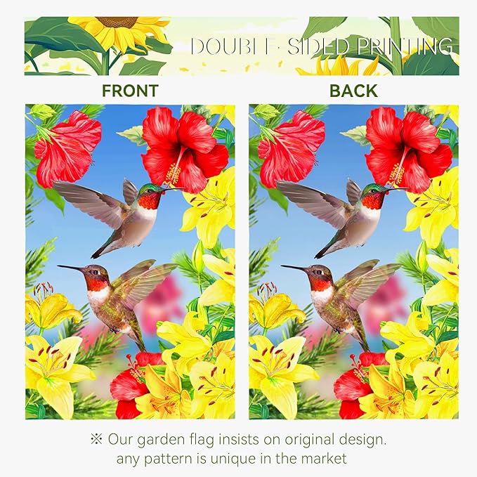 Hummingbird Garden Flags Red Flower Hibiscus and Yellow Lilies Yard Flag Wedding Anniversary Polyester Floral House Banners Double Sided for Spring Summer Party Outdoor Decor 12 x 18 Inch