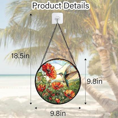 DASTOLL Stained Glass Window Hanging, Hummingbirds Orange Flowers Suncatcher Diamond Glass Panel Hangings Sun Catchers Decor for Birthday for Women, Men, Wife, Aunt, and Mom 9.8 in