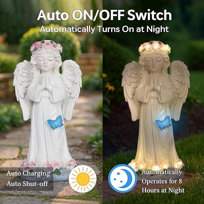 Dlfghos Solar Garden Angel Statue Solar Angel Outdoor Garden Decor Statues Praying Angel Memorial Figurine Light Decorations for Outside Yard Lawn Garden Cemetery Decor Gifts for Mom Grandma Women