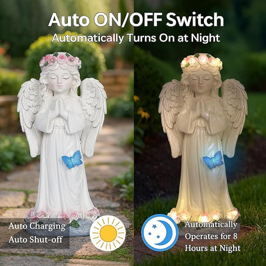 Dlfghos Solar Garden Angel Statue Solar Angel Outdoor Garden Decor Statues Praying Angel Memorial Figurine Light Decorations for Outside Yard Lawn Garden Cemetery Decor Gifts for Mom Grandma Women