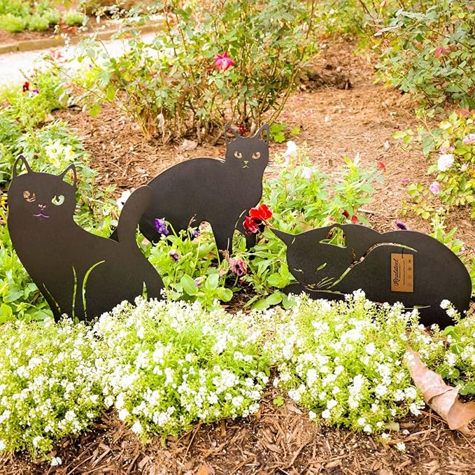 RealSteel Garden Art Cats 3 Pack (2nd Edition) – Metal Cat Yard Stakes & Outdoor Garden Statues – Decorative Lawn & Patio Art for Cat Lovers – Zen Garden & Spring Outdoor Décor – American Made - Black