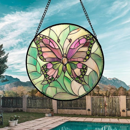 DASTOLL Stained Glass Window Hanging 4 Pcs Set Pink Green Insect Theme Large 11.8" - Butterfly Suncatcher Door Garden Sun Catcher Decor Birthday Christmas for Mom Woman Nana Men