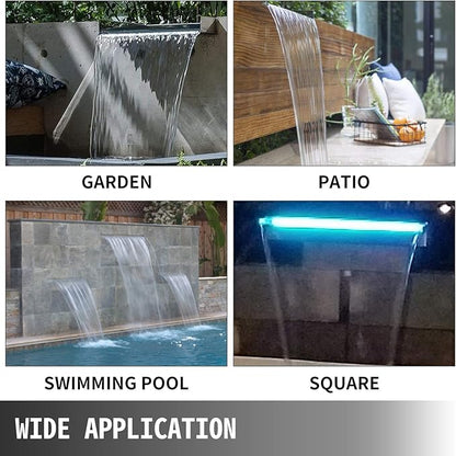 Happybuy Fountain Spillway 23.6x3.2x8.1 Inch, Pool Waterfall Fountain 17 Colors Led, Pool Water Fall Kit with Remote, Pool Spillway Solid Acrylic Pool Waterfall for Garden Pond, Swimming Pool, Square