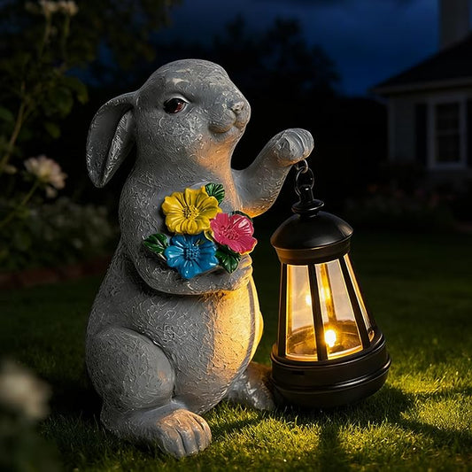 Solar Garden Statues, Resin Bunny Statue w/ Flower, Waterproof Figurine Rabbit Garden Statue for Outside Yard Outdoor Home Patio Lawn Decor, Solar Animal Lights for Adults Women Birthday Easter Gifts