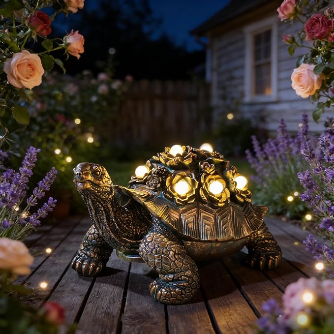Outdoor Solar Turtle Decor, Resin Succulent Turtle Statue with Waterproof LED Lights, Garden Gift for Plant Lovers for Patio, Balcony, Yard Ornament