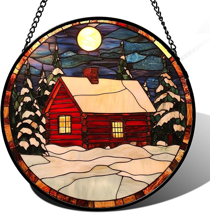 CHATYOUNG Stained Glass Window Hanging Red Christmas Cottage in Winter Snow Scene 6.3" - Suncatcher Door Garden Sun Catcher Decor Birthday Christmas for Mom Woman Nana Friend Men Kids Wife