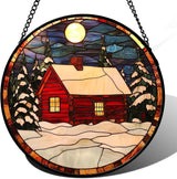 CHATYOUNG Stained Glass Window Hanging Red Christmas Cottage in Winter Snow Scene 6.3" - Suncatcher Door Garden Sun Catcher Decor Birthday Christmas for Mom Woman Nana Friend Men Kids Wife