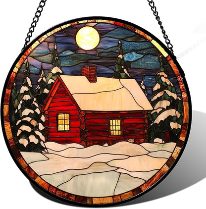 CHATYOUNG Stained Glass Window Hanging Red Christmas Cottage in Winter Snow Scene 6.3" - Suncatcher Door Garden Sun Catcher Decor Birthday Christmas for Mom Woman Nana Friend Men Kids Wife