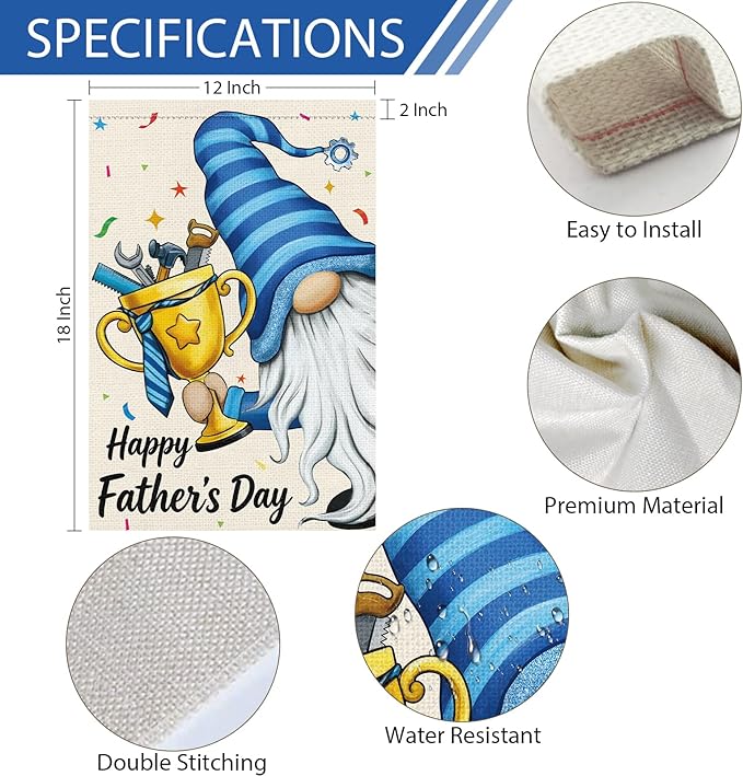 Heyfibro Happy Father's Day Gnome Garden Flag 12x18 Double Sided Burlap, with Tool Trophy Blue Striped Yard Banner for Best Dad Spring Outside Outdoor House Fathers Day Decoration (ONLY FLAG)