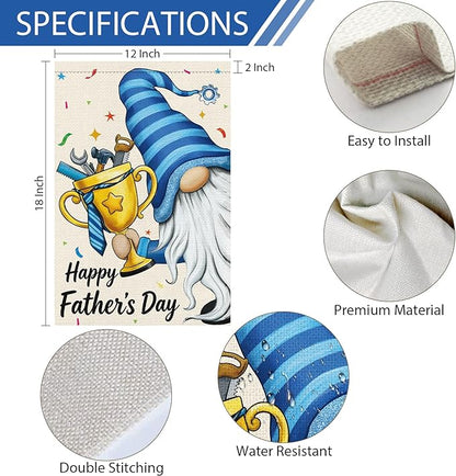 Heyfibro Happy Father's Day Gnome Garden Flag 12x18 Double Sided Burlap, with Tool Trophy Blue Striped Yard Banner for Best Dad Spring Outside Outdoor House Fathers Day Decoration (ONLY FLAG)